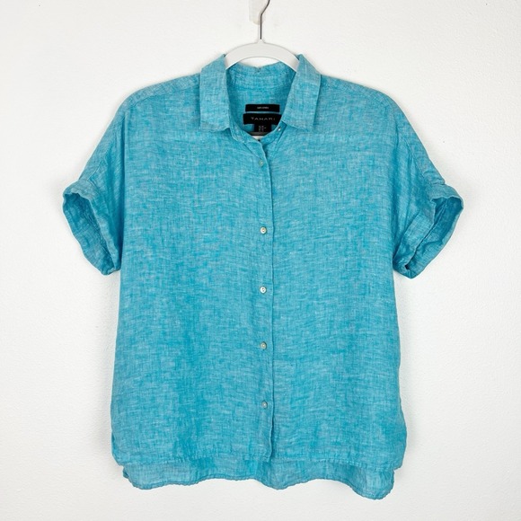Tahari Womens 100% Linen Button Down Tunic Shirt Blue Medium beachy coastal boho - Picture 2 of 8